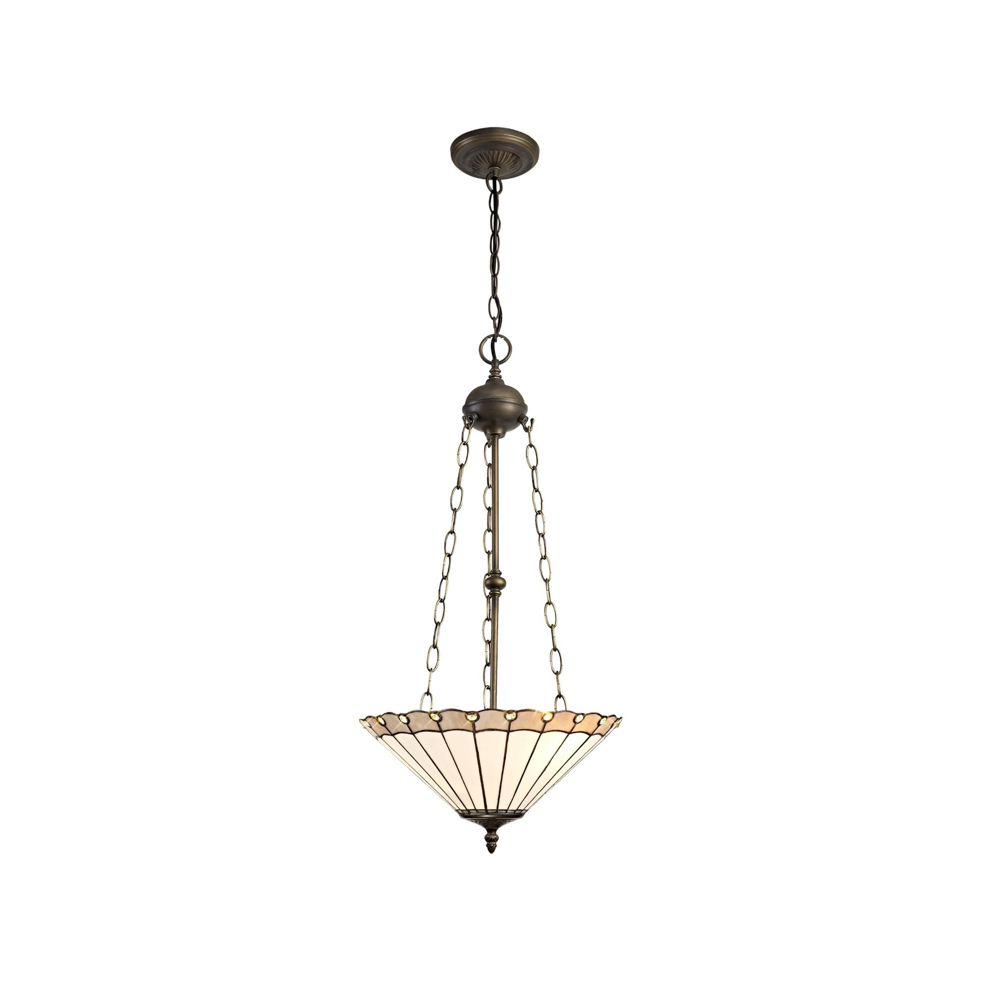 NLK03449 Umbrian 3 Light Up Lighter Pendant With 40cm Tiffany Shade Grey/Chrome/Crystal/Aged Antique Brass