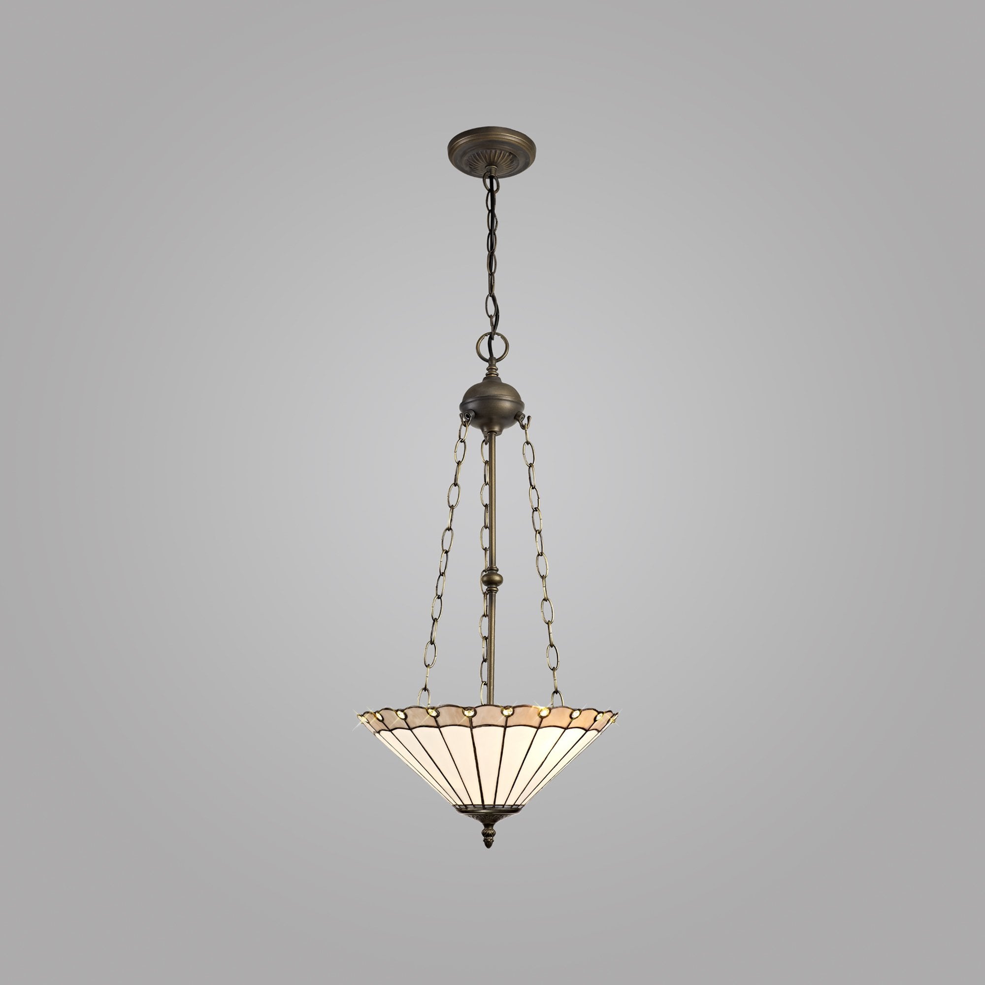 NLK03449 Umbrian 3 Light Up Lighter Pendant With 40cm Tiffany Shade Grey/Chrome/Crystal/Aged Antique Brass
