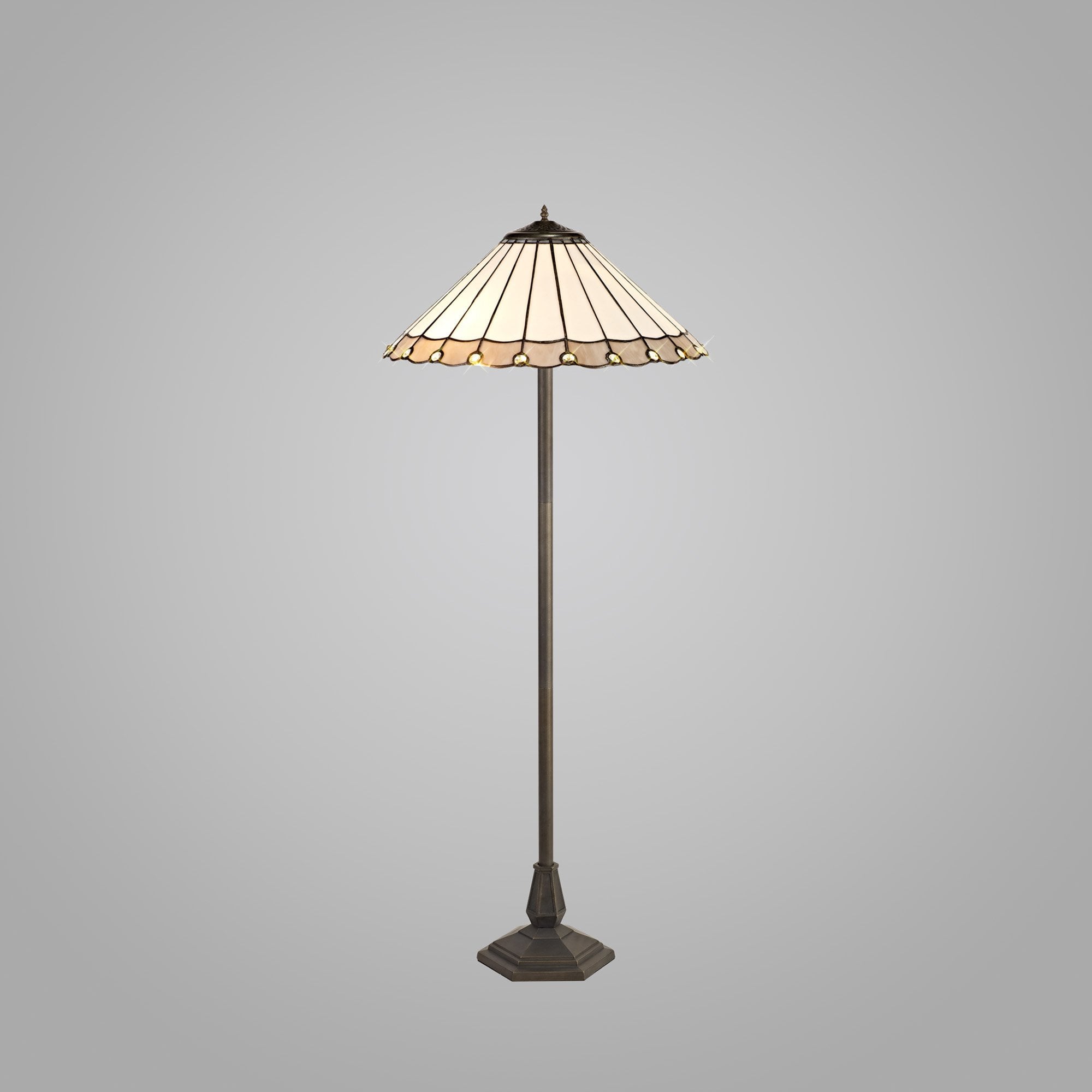 NLK03459 Umbrian 2 Light Octagonal Floor Lamp With 40cm Tiffany Shade Grey/Chrome/Crystal/Aged Antique Brass