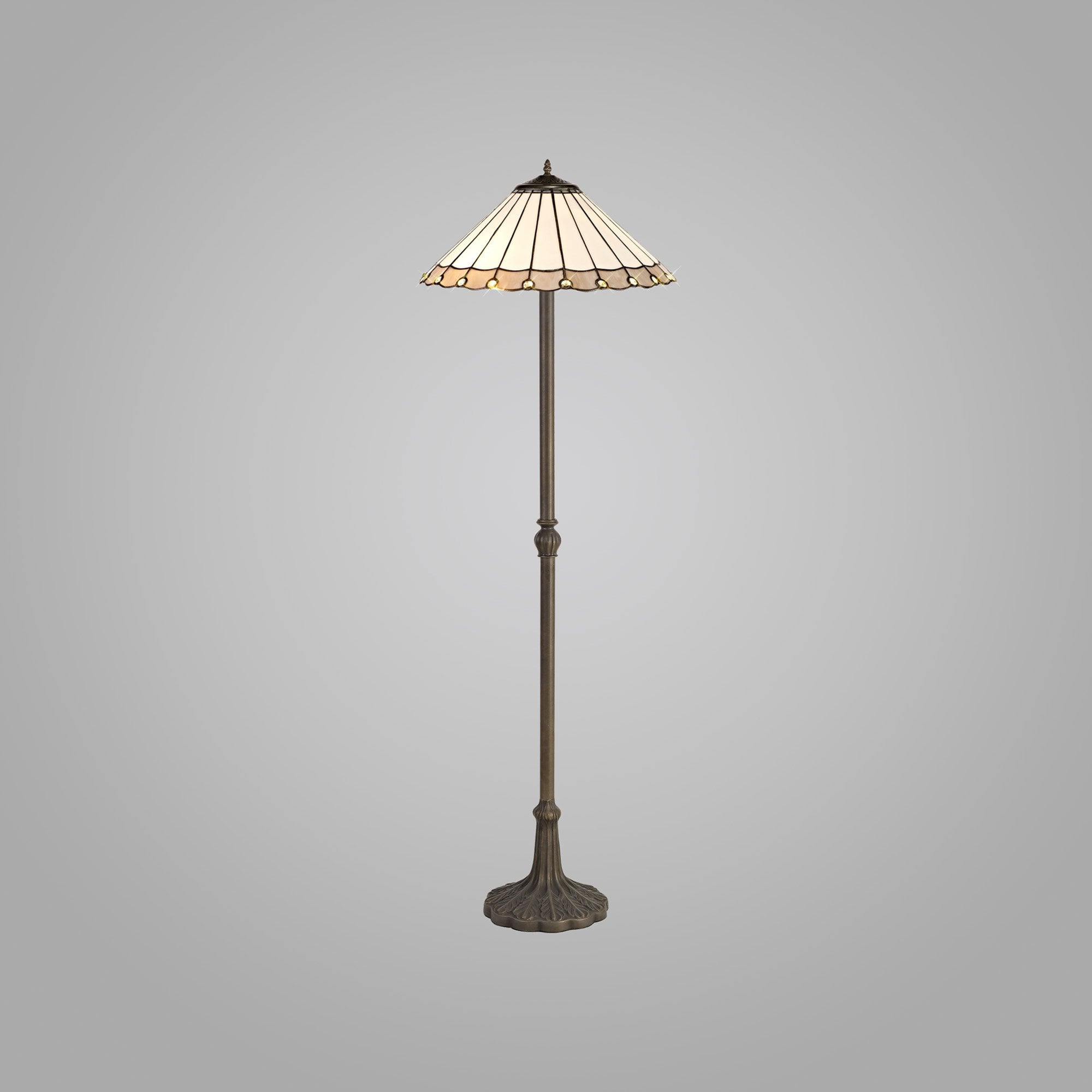 NLK03469 Umbrian 2 Light Leaf Design Floor Lamp With 40cm Tiffany Shade Grey/Chrome/Crystal/Aged Antique Brass