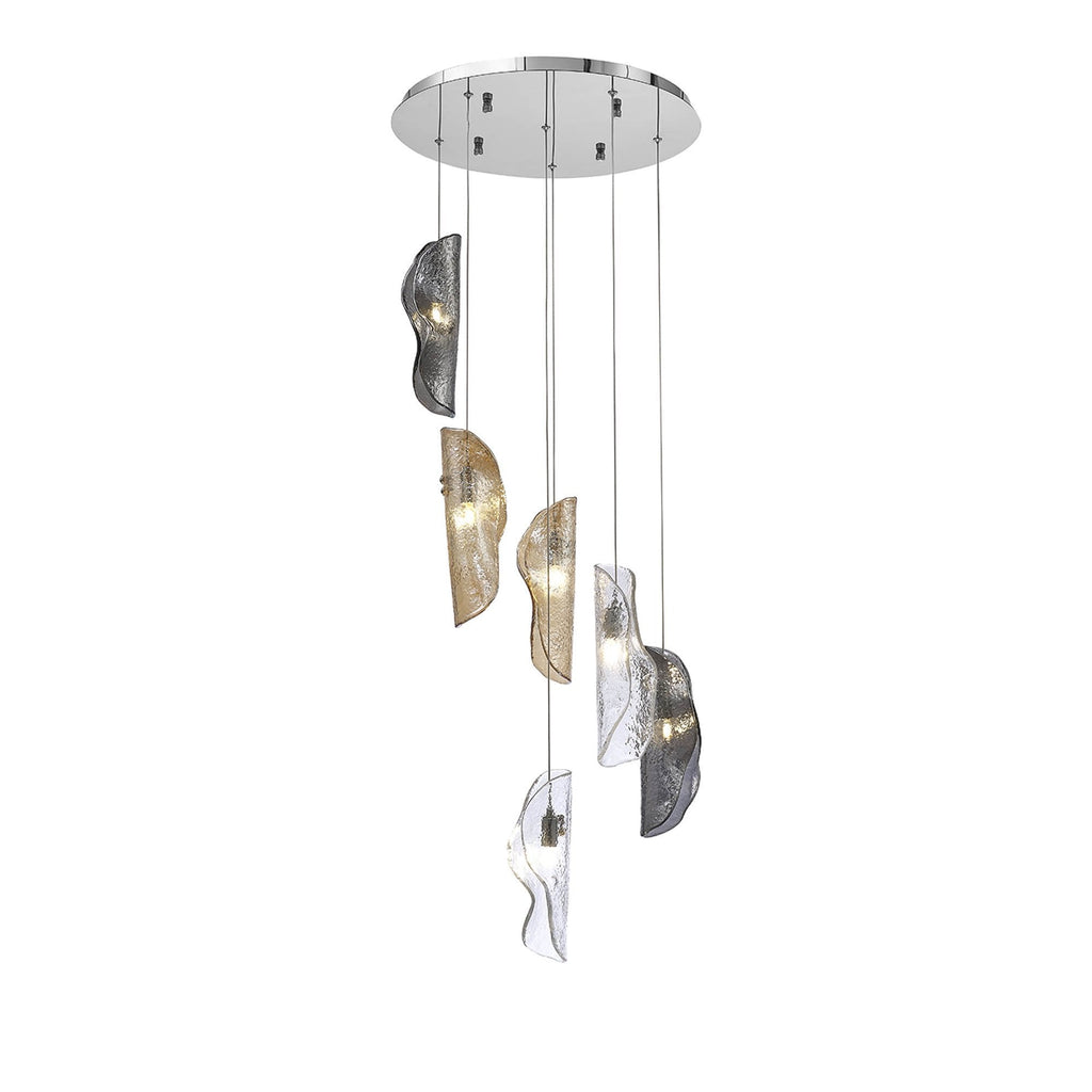 NL90539 Washington 6 Light Pendant Polished Chrome, Clear, Amber & Smoked Glass