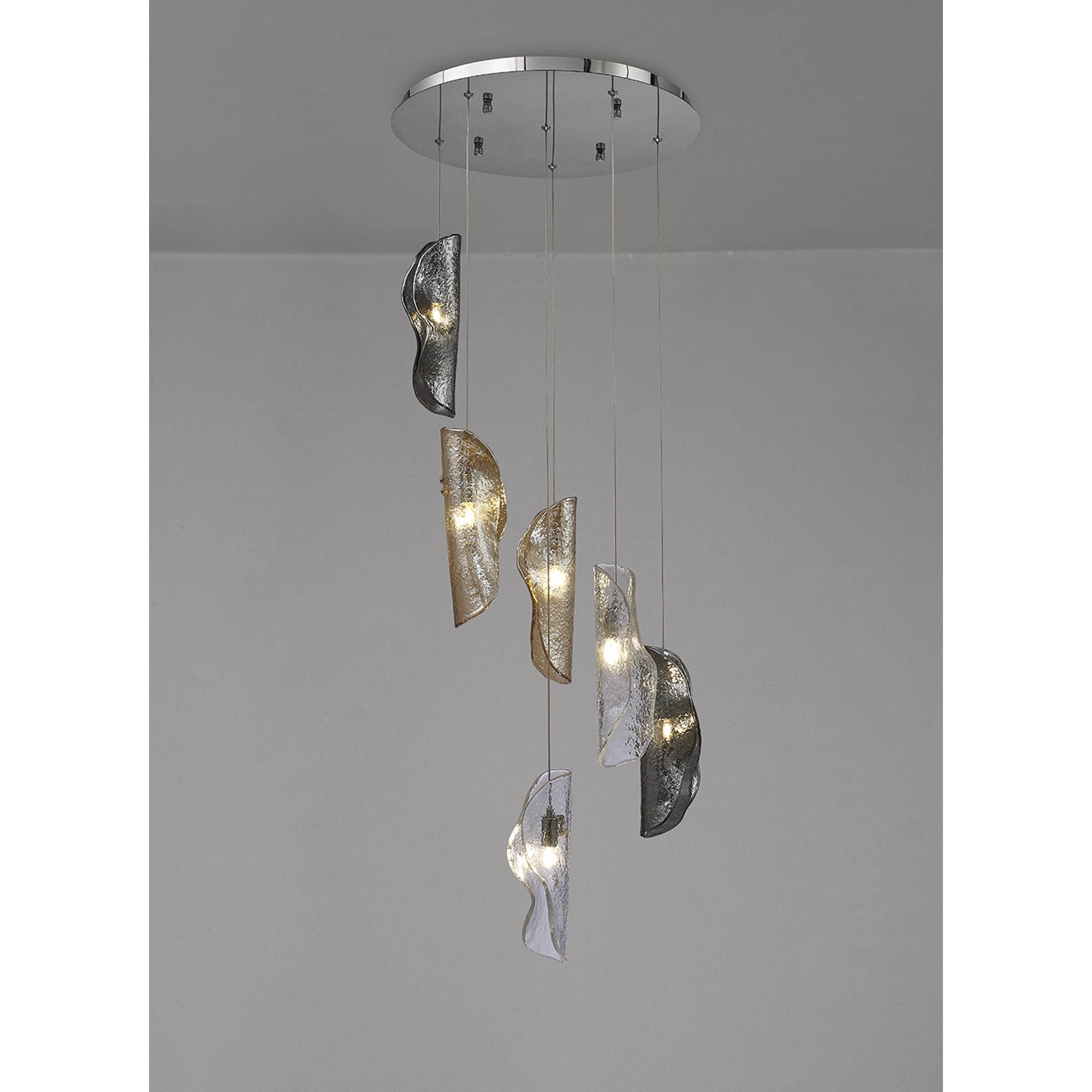 NL90539 Washington 6 Light Pendant Polished Chrome, Clear, Amber & Smoked Glass