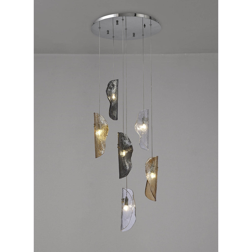 NL90539 Washington 6 Light Pendant Polished Chrome, Clear, Amber & Smoked Glass