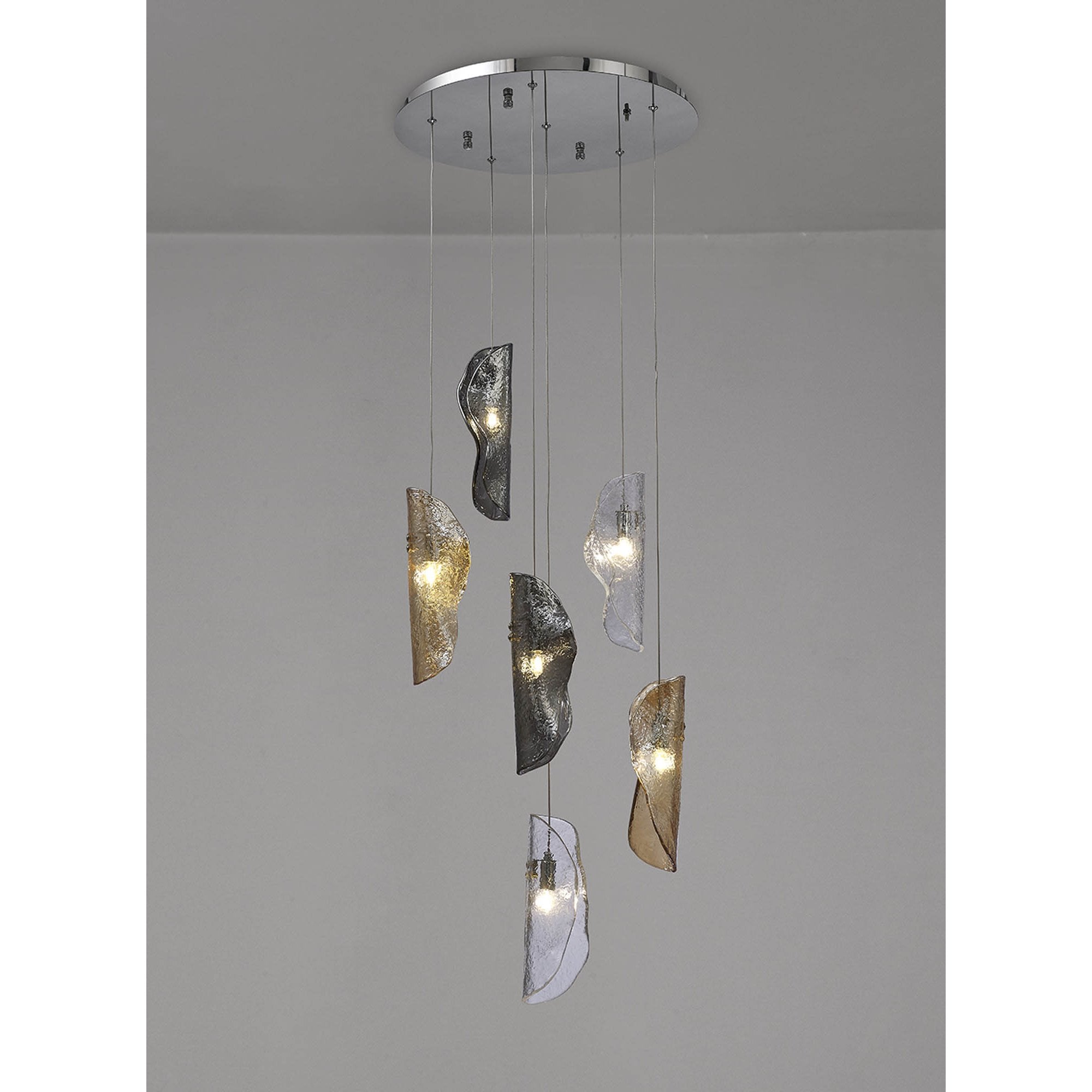 NL90539 Washington 6 Light Pendant Polished Chrome, Clear, Amber & Smoked Glass