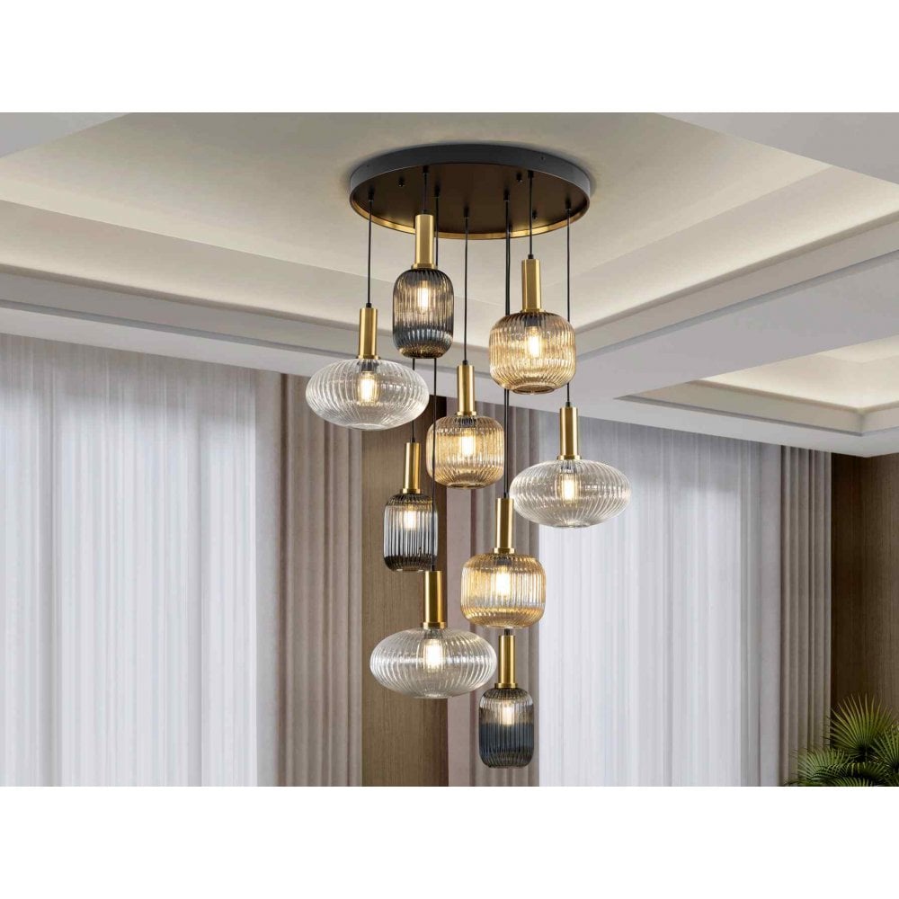 225090 Norma Pendant 9 Light Black/Brass Mixed Glass Shades
