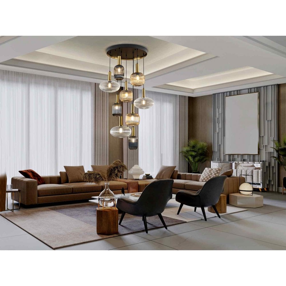 225090 Norma Pendant 9 Light Black/Brass Mixed Glass Shades