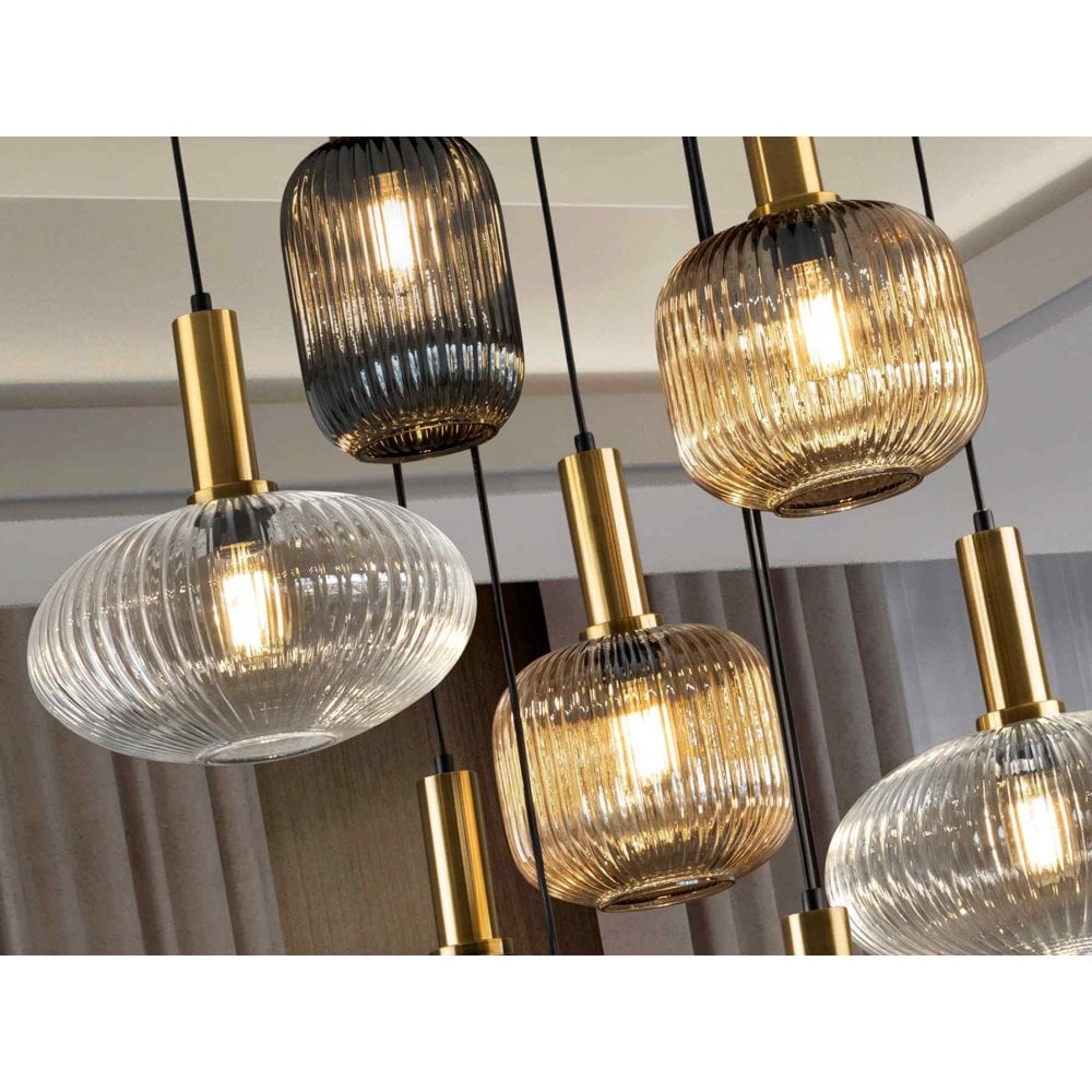 225090 Norma Pendant 9 Light Black/Brass Mixed Glass Shades