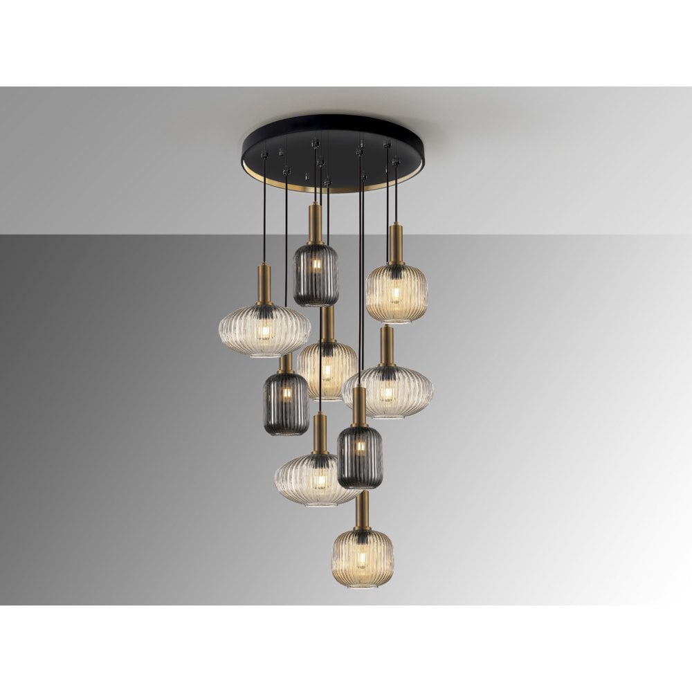 225090 Norma Pendant 9 Light Black/Brass Mixed Glass Shades