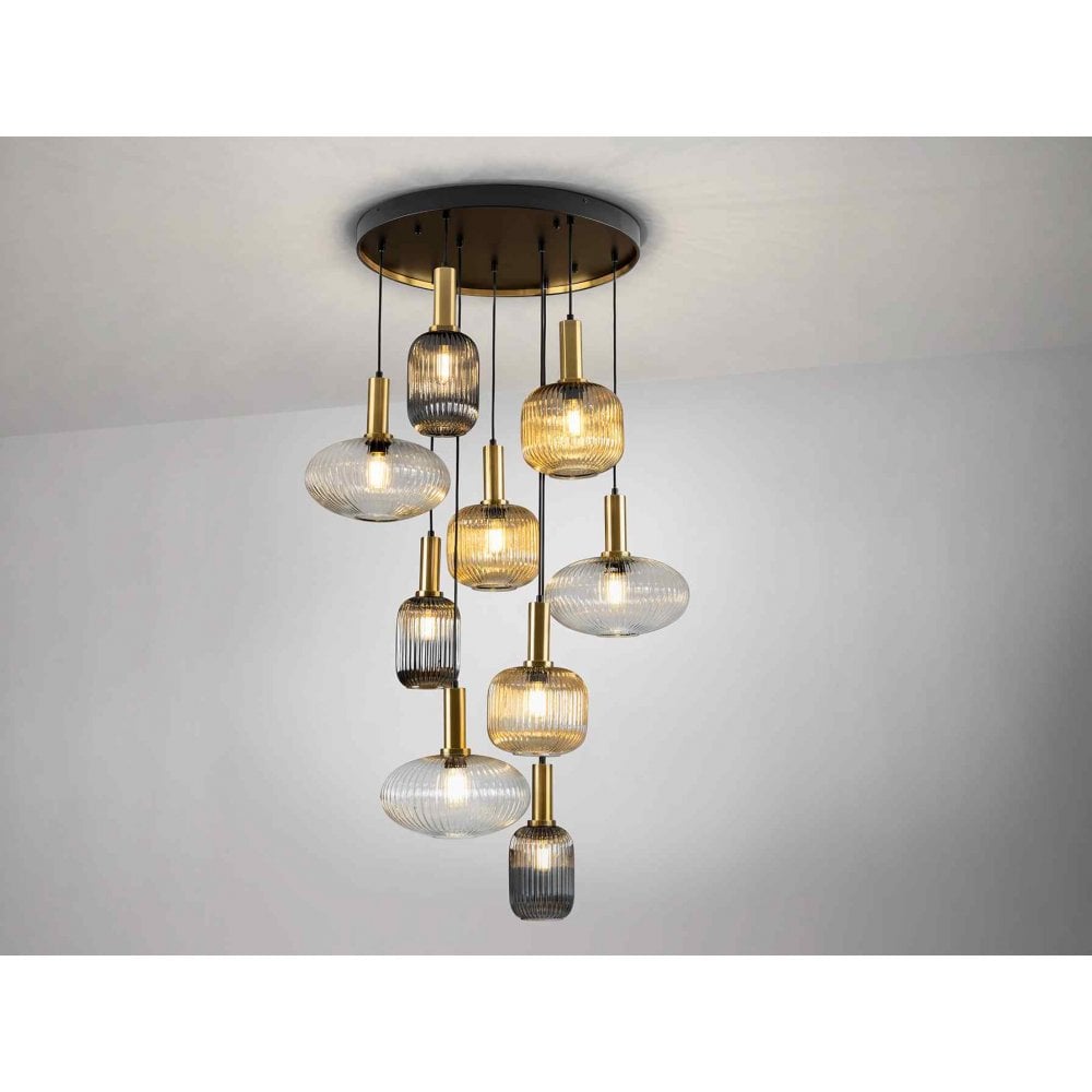 225090 Norma Pendant 9 Light Black/Brass Mixed Glass Shades