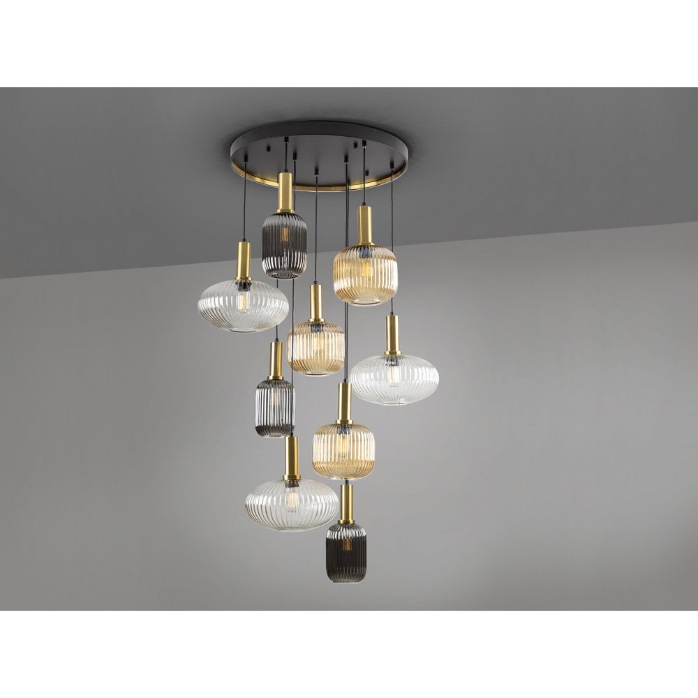 225090 Norma Pendant 9 Light Black/Brass Mixed Glass Shades