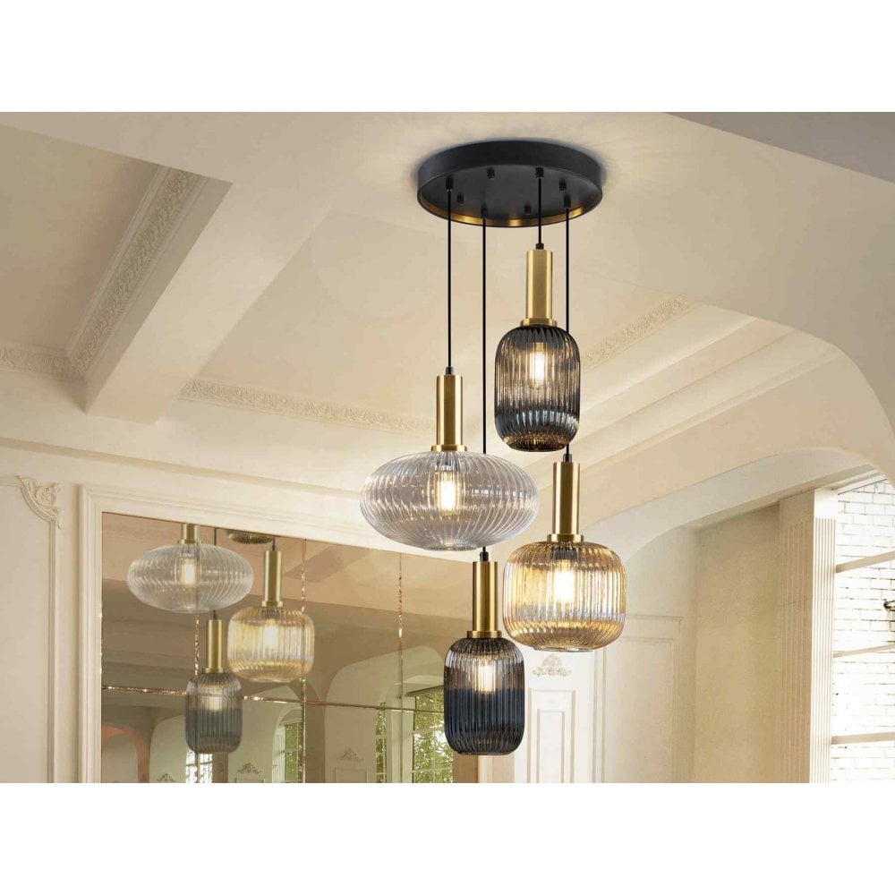 Norma Pendant 4 Light Black/Brass Mixed Glass Shades