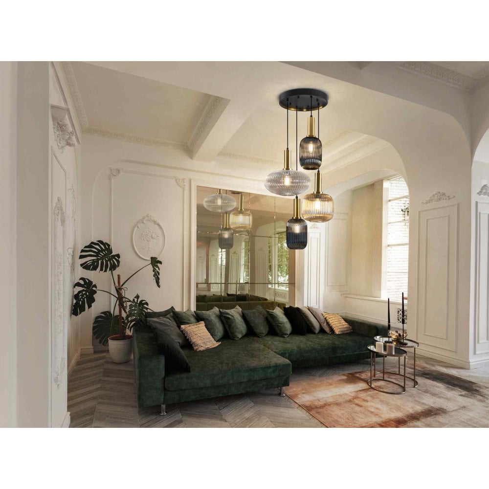 Norma Pendant 4 Light Black/Brass Mixed Glass Shades