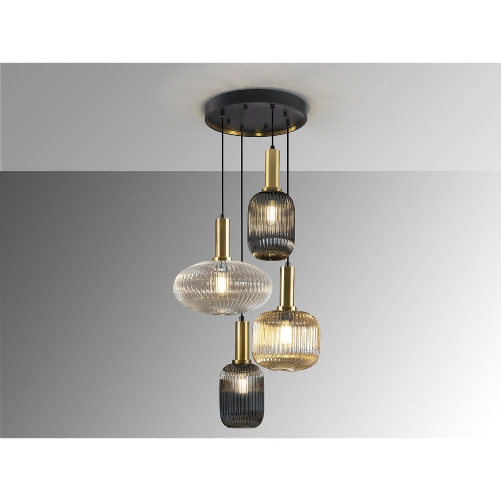 Norma Pendant 4 Light Black/Brass Mixed Glass Shades