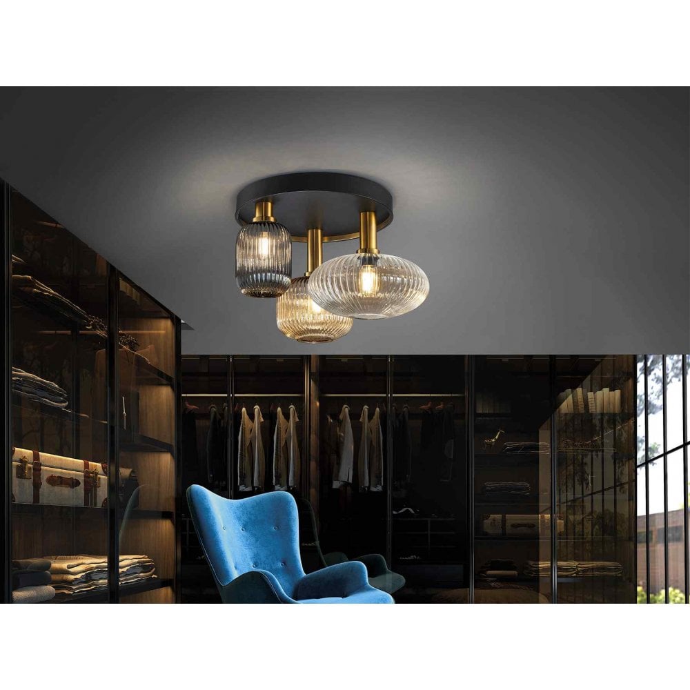 225342 Norma Ceiling 3 Light Black/Brass Mixed Glass Shades