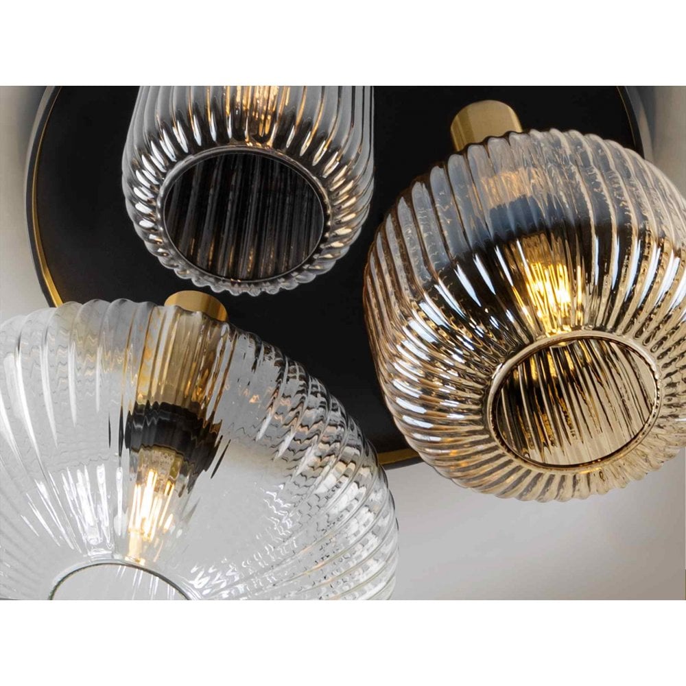 225342 Norma Ceiling 3 Light Black/Brass Mixed Glass Shades