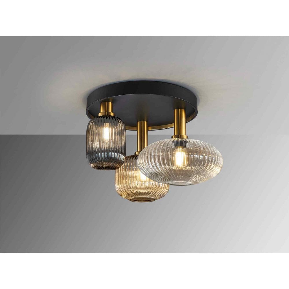 225342 Norma Ceiling 3 Light Black/Brass Mixed Glass Shades