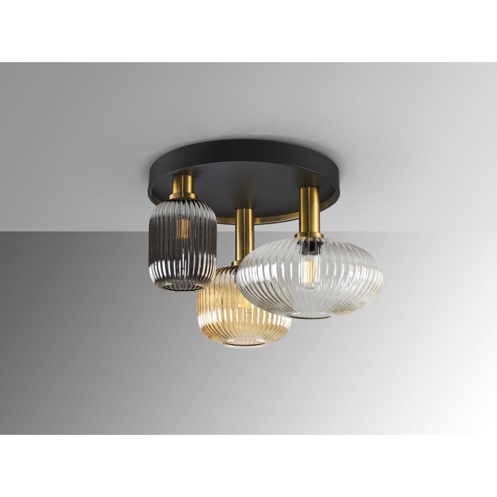 225342 Norma Ceiling 3 Light Black/Brass Mixed Glass Shades