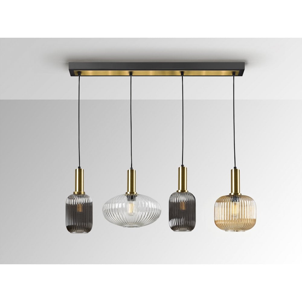 225724 Norma Pendant 4 Light Line Black Brass Mixed Glass Shades