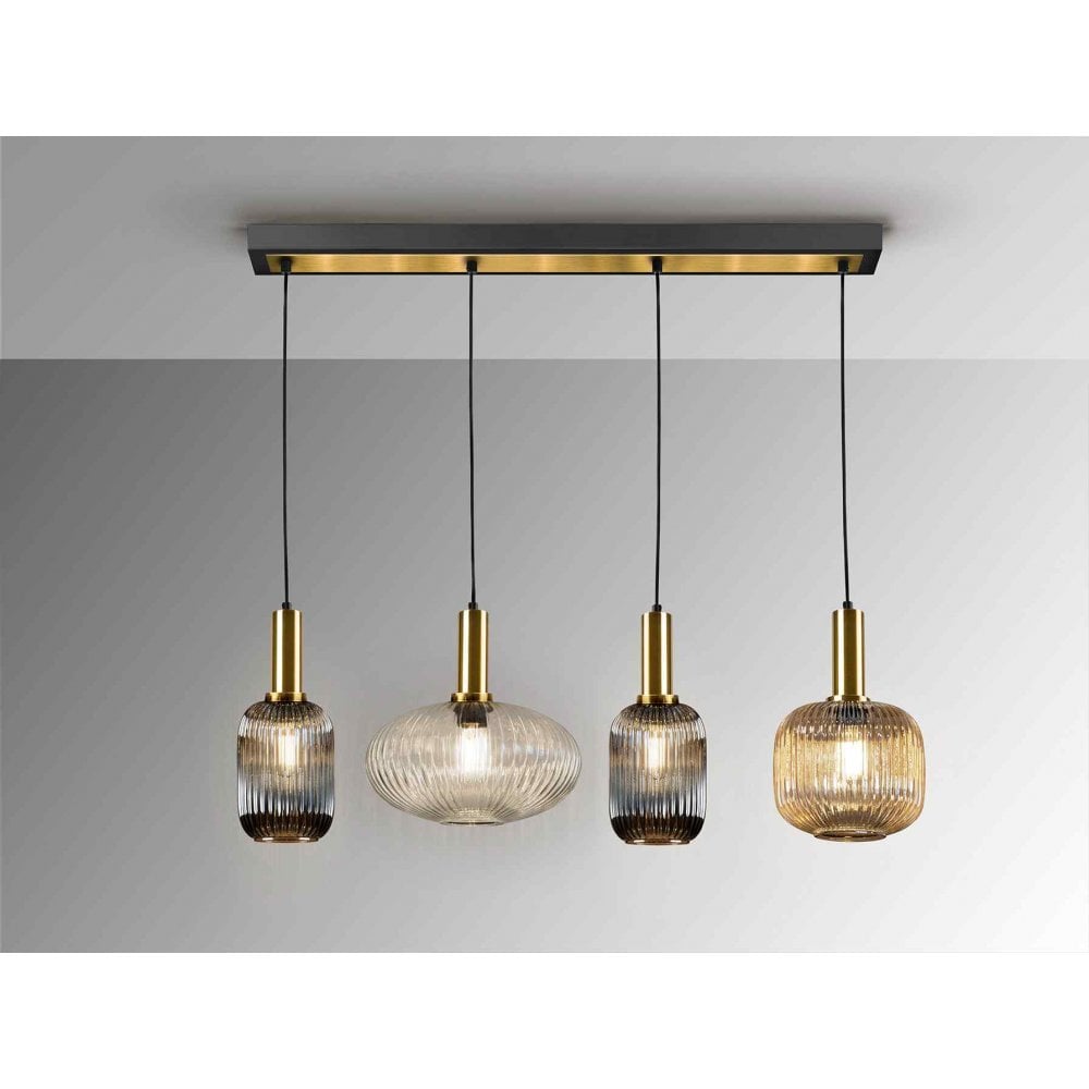 225724 Norma Pendant 4 Light Line Black Brass Mixed Glass Shades