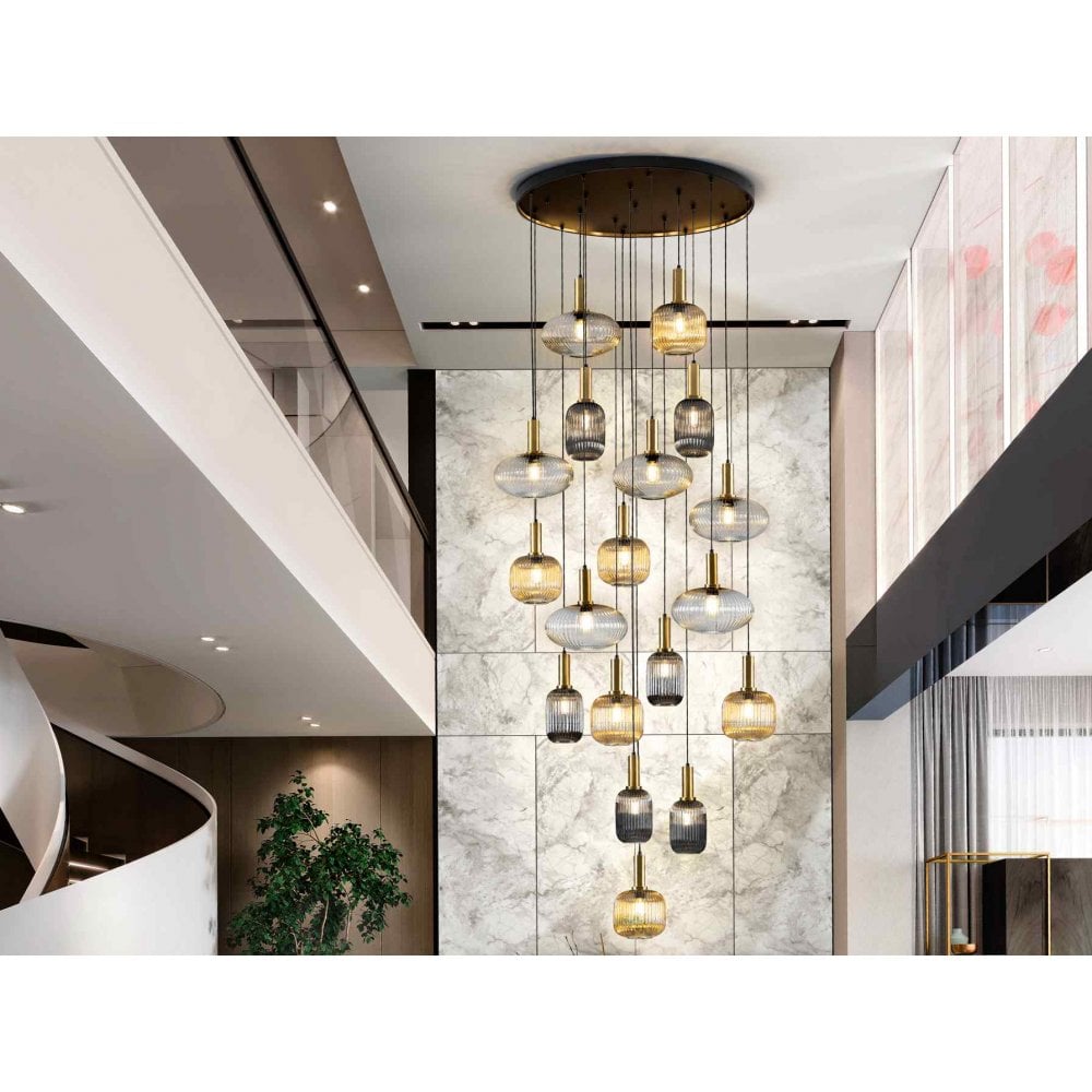 225892 Norma Pendant 18 Light Black Brass Mix Glass Shades