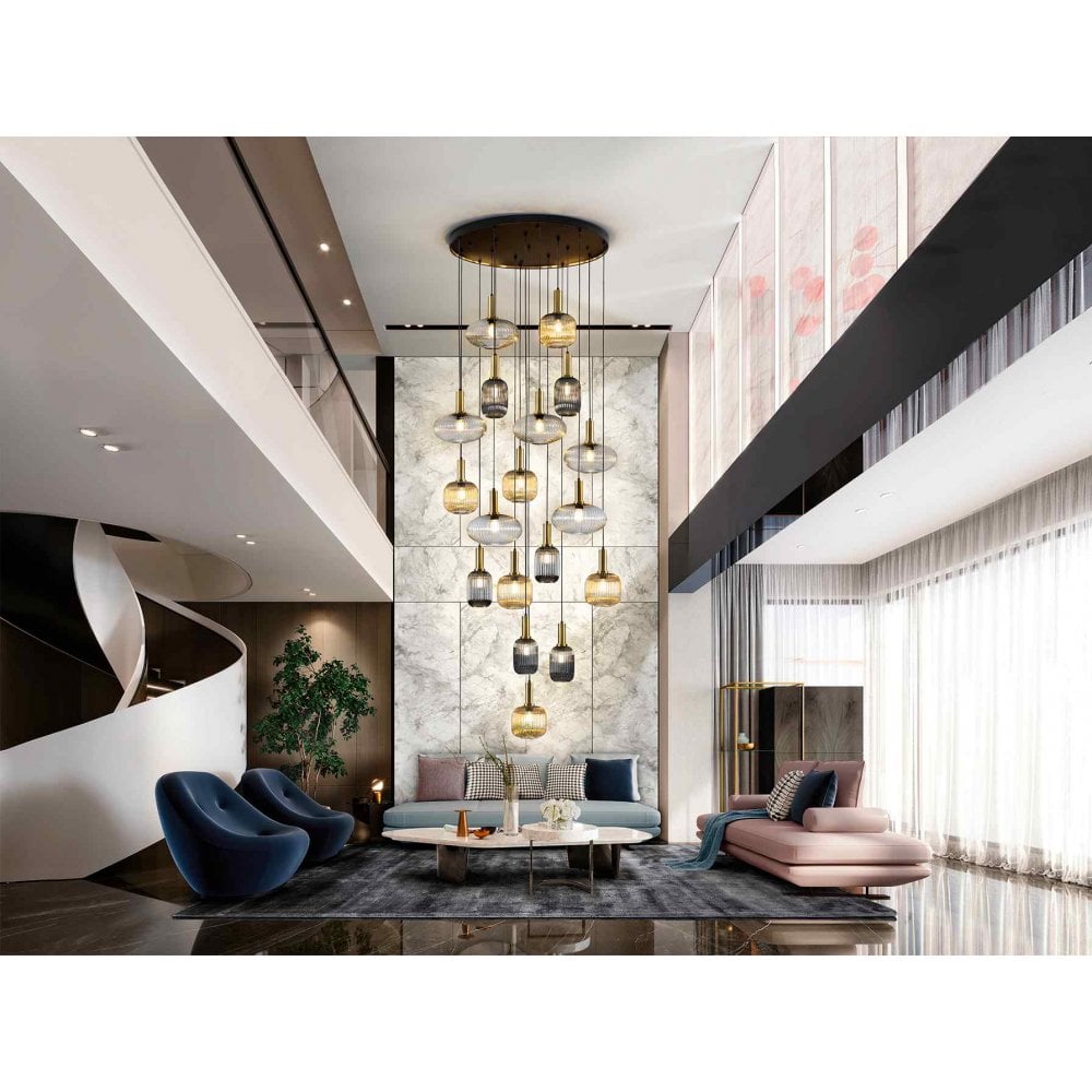 225892 Norma Pendant 18 Light Black Brass Mix Glass Shades
