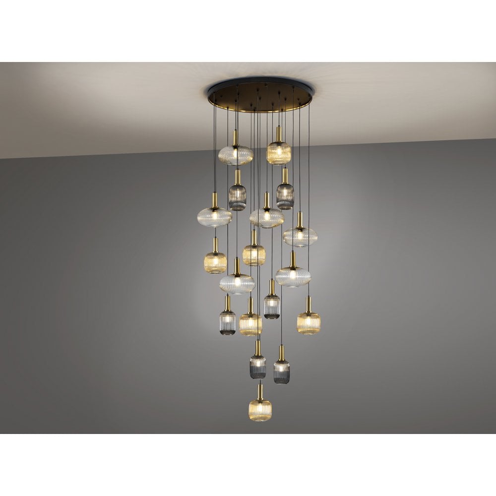 225892 Norma Pendant 18 Light Black Brass Mix Glass Shades