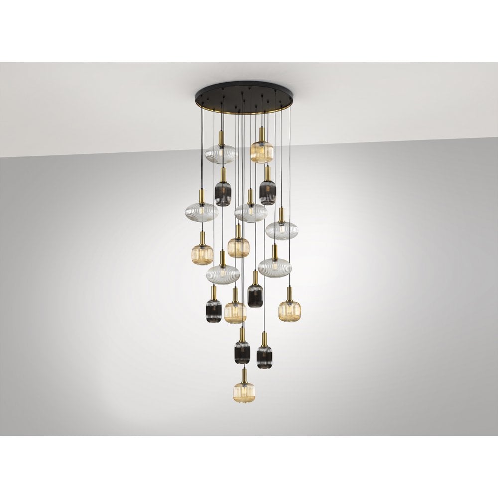 225892 Norma Pendant 18 Light Black Brass Mix Glass Shades