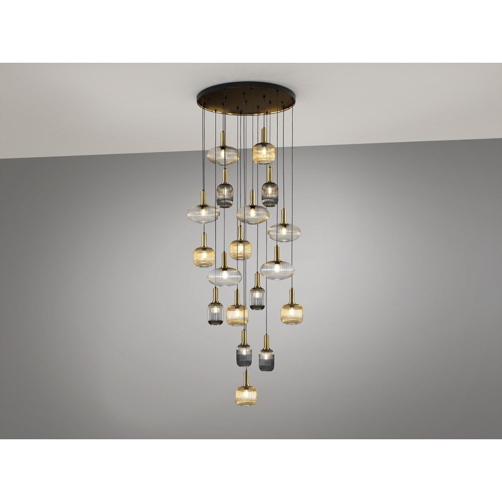 225892 Norma Pendant 18 Light Black Brass Mix Glass Shades