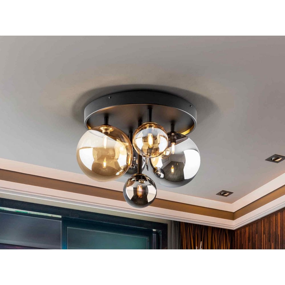 439244 Dark Flush Ceiling Light 5 Light Black Brass