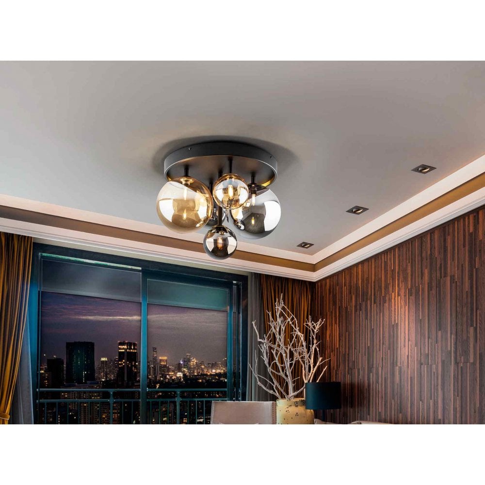 439244 Dark Flush Ceiling Light 5 Light Black Brass