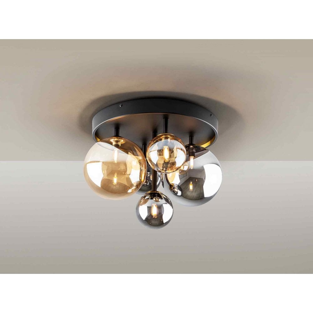 439244 Dark Flush Ceiling Light 5 Light Black Brass