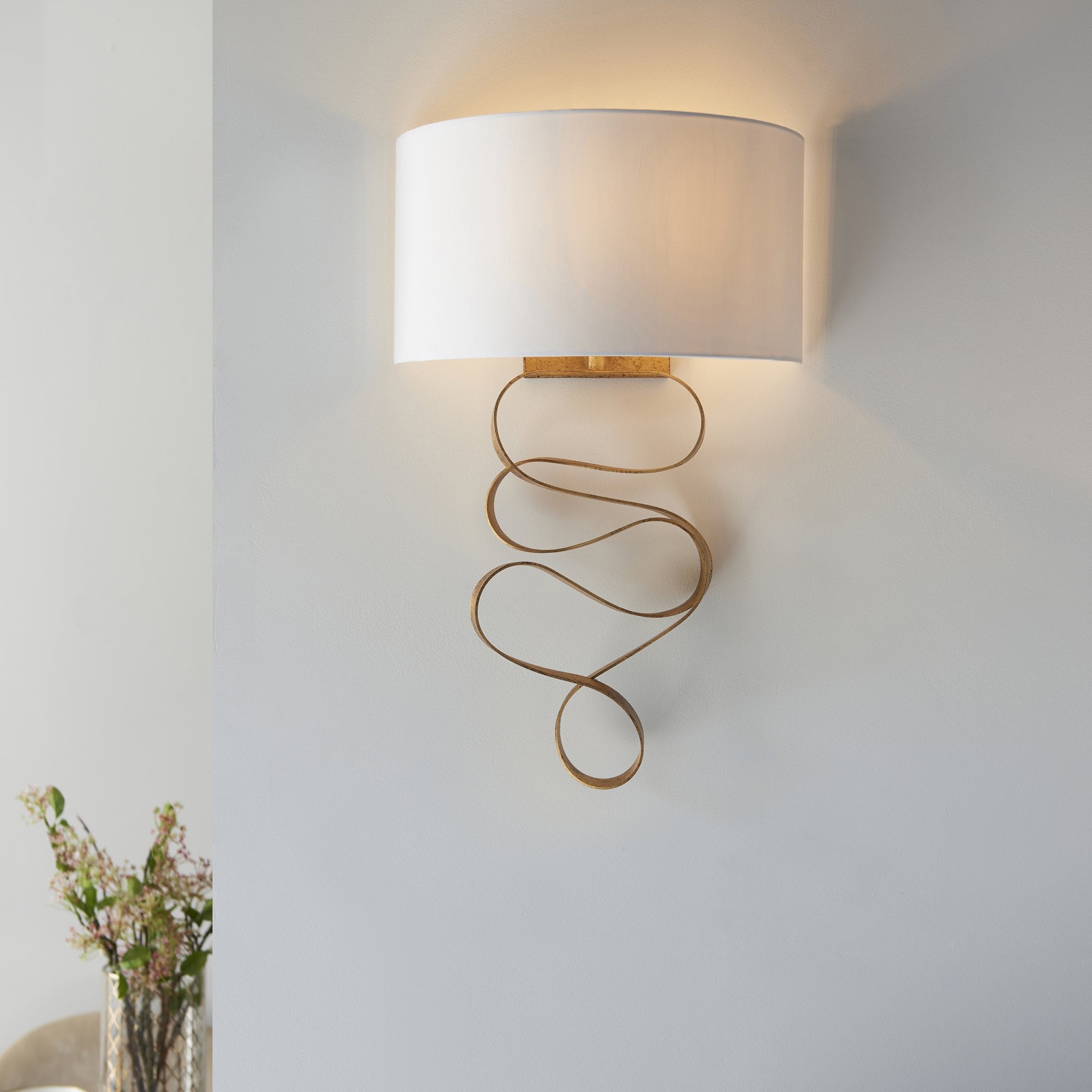 82070 1 Light Wall Light Gold Leaf & Ivory Cotton Fabric