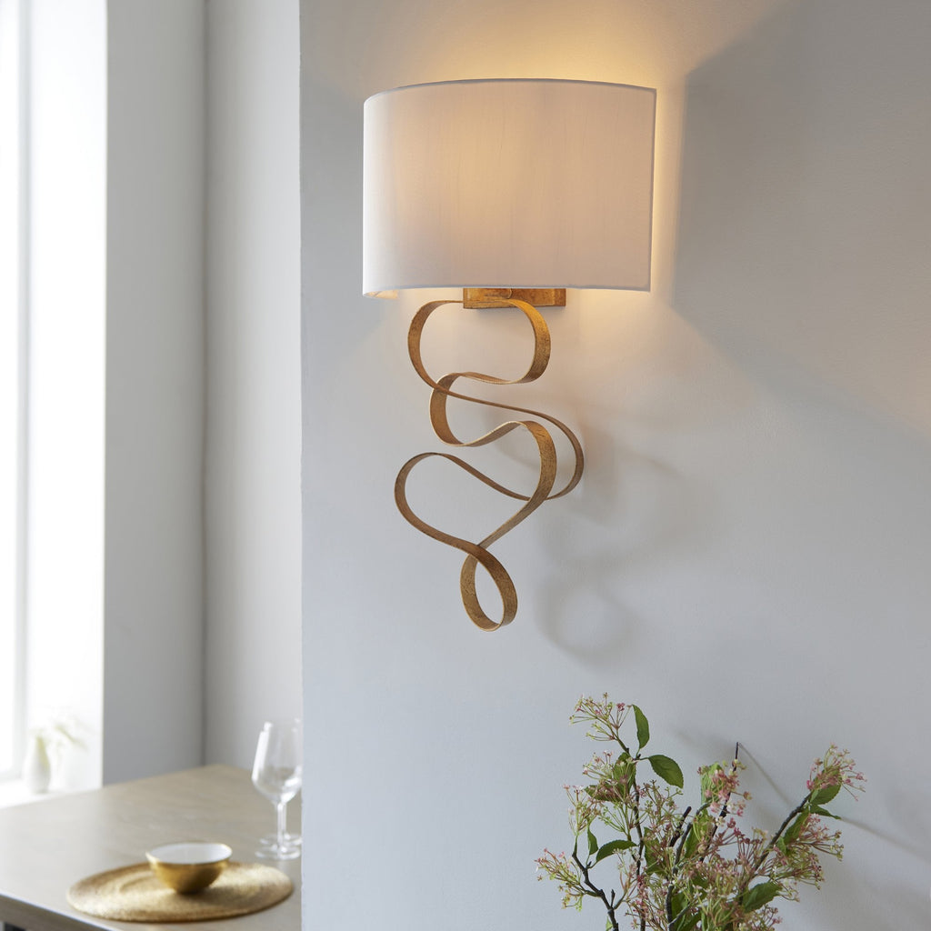 82070 1 Light Wall Light Gold Leaf & Ivory Cotton Fabric