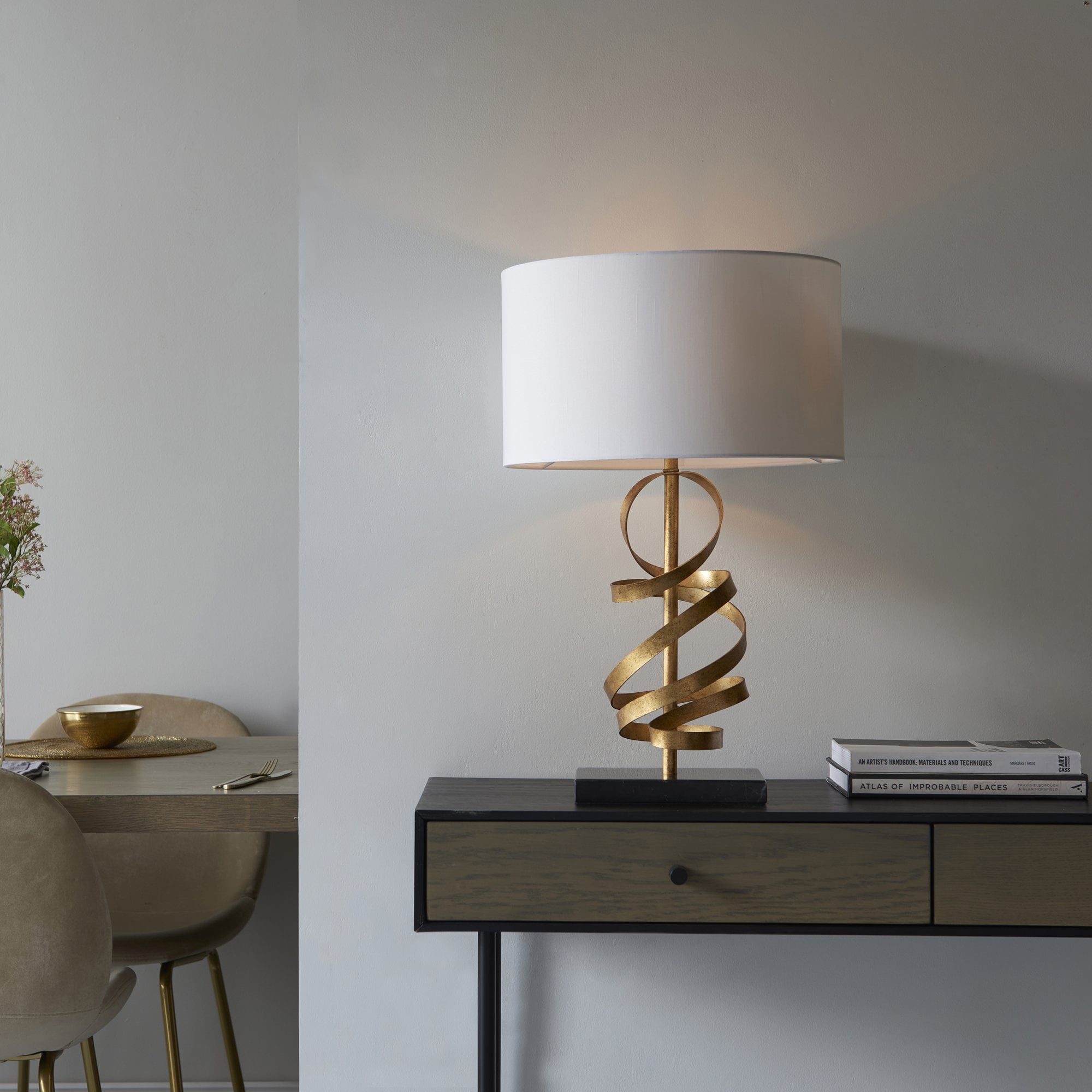 82071 1 Light Table Lamp Gold Leaf With Ivory Cotton And Black Marble