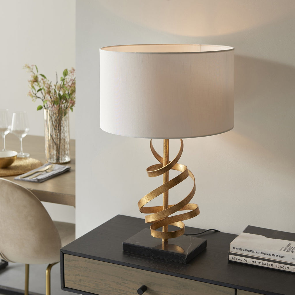 82071 1 Light Table Lamp Gold Leaf With Ivory Cotton And Black Marble