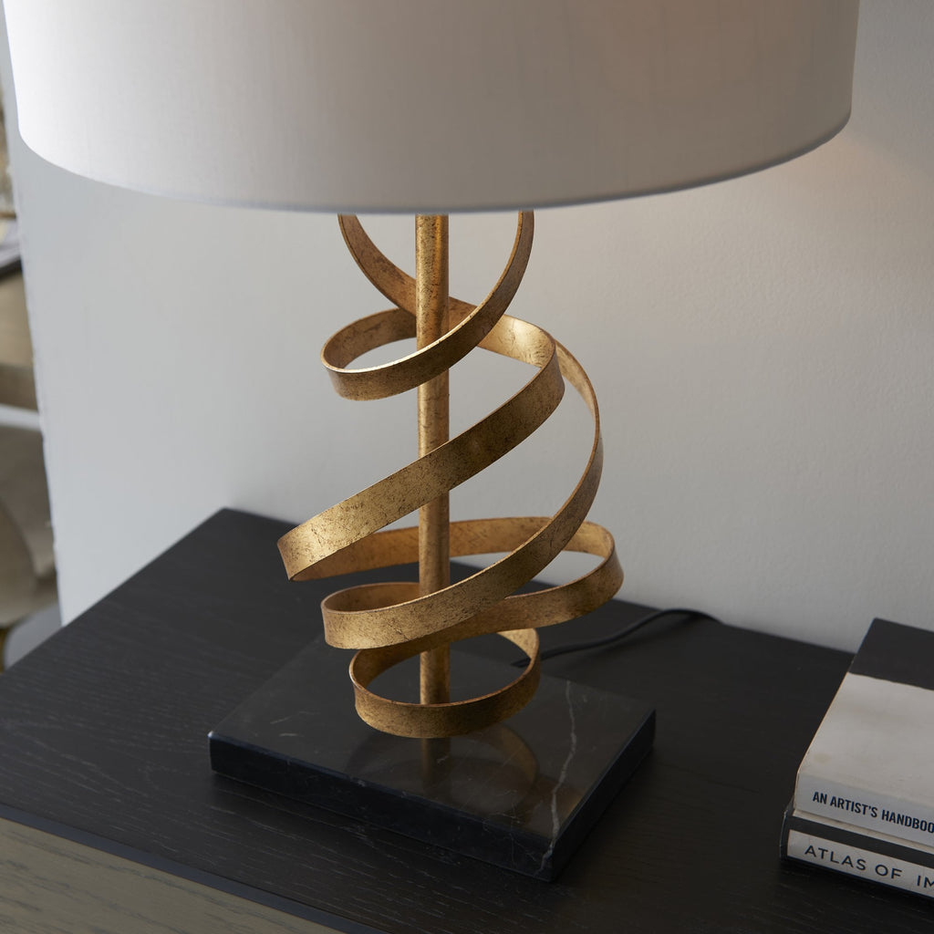 82071 1 Light Table Lamp Gold Leaf With Ivory Cotton And Black Marble
