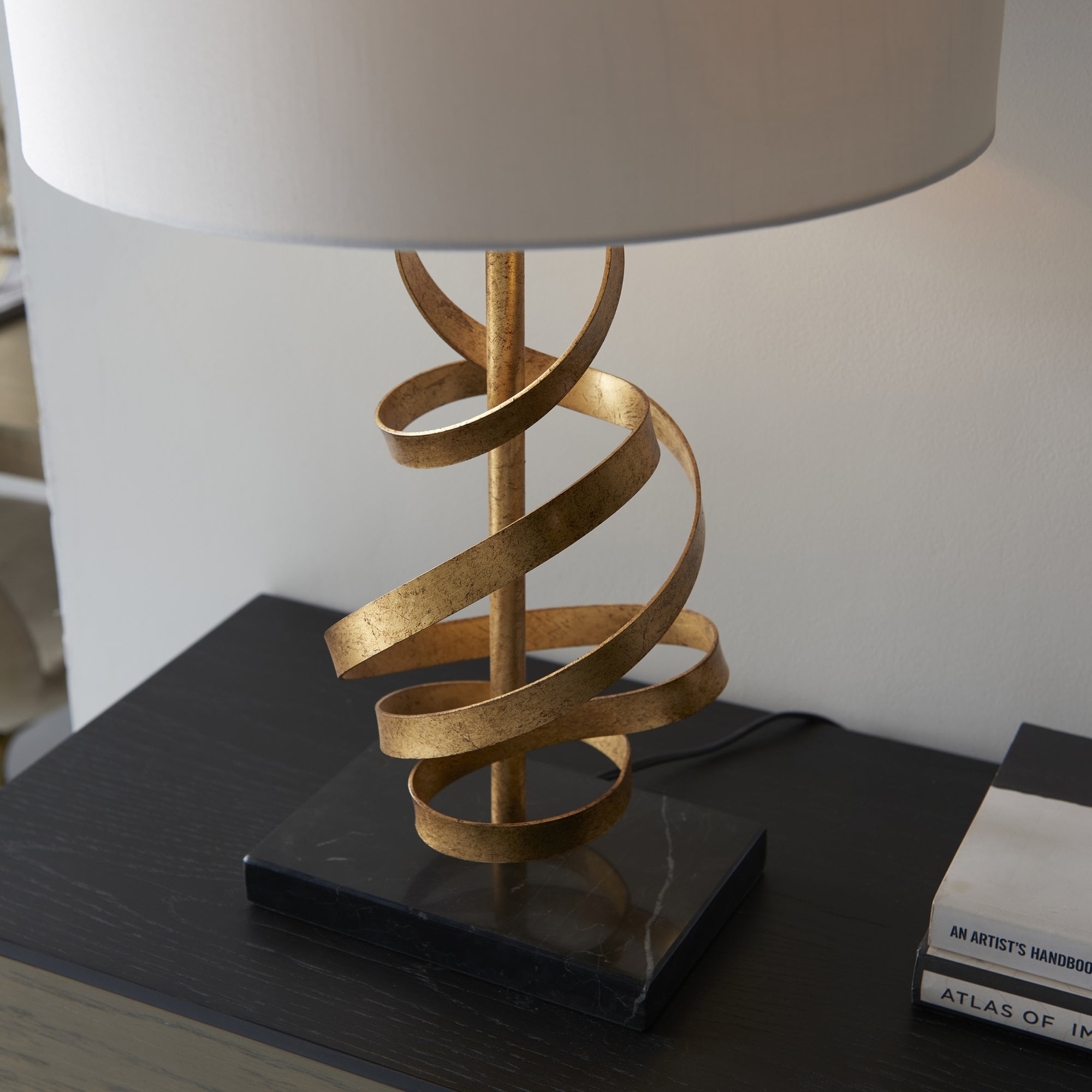 82071 1 Light Table Lamp Gold Leaf With Ivory Cotton And Black Marble