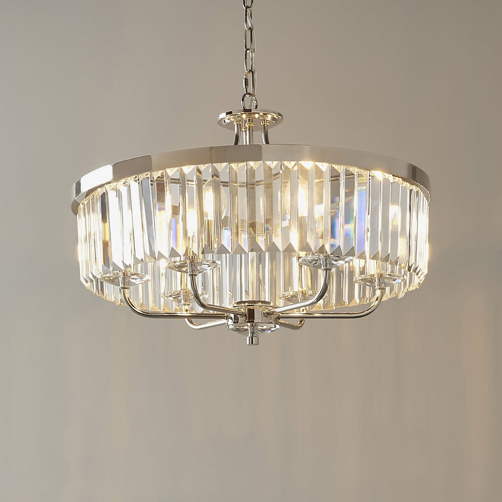 90263 6 Light Pendant Bright Nickel Plate & Clear Cut Glass