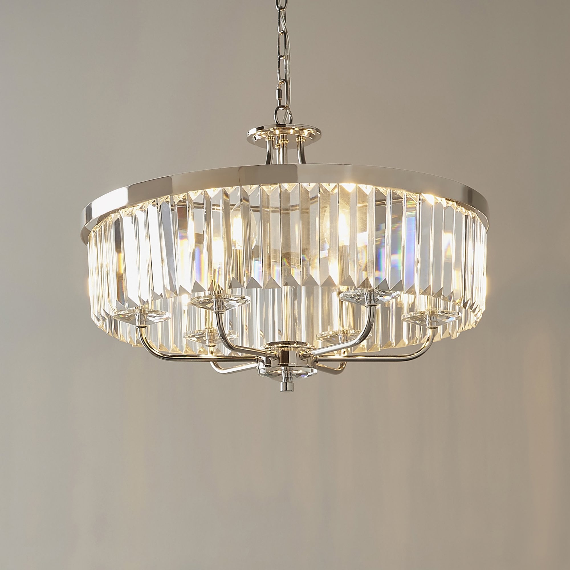 90263 6 Light Pendant Bright Nickel Plate & Clear Cut Glass