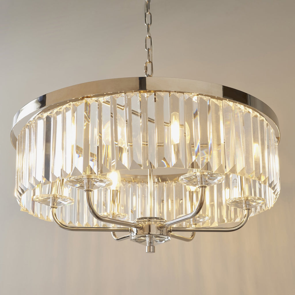 90263 6 Light Pendant Bright Nickel Plate & Clear Cut Glass