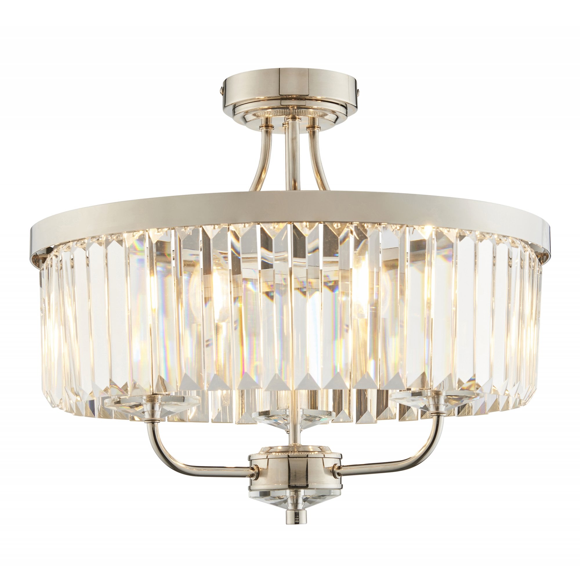 90264 3 Light Semi Flush Ceiling Light Bright Nickel Plate & Clear Cut Glass