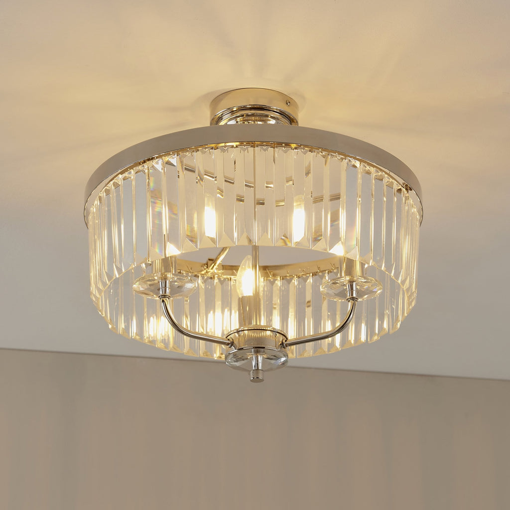 90264 3 Light Semi Flush Ceiling Light Bright Nickel Plate & Clear Cut Glass