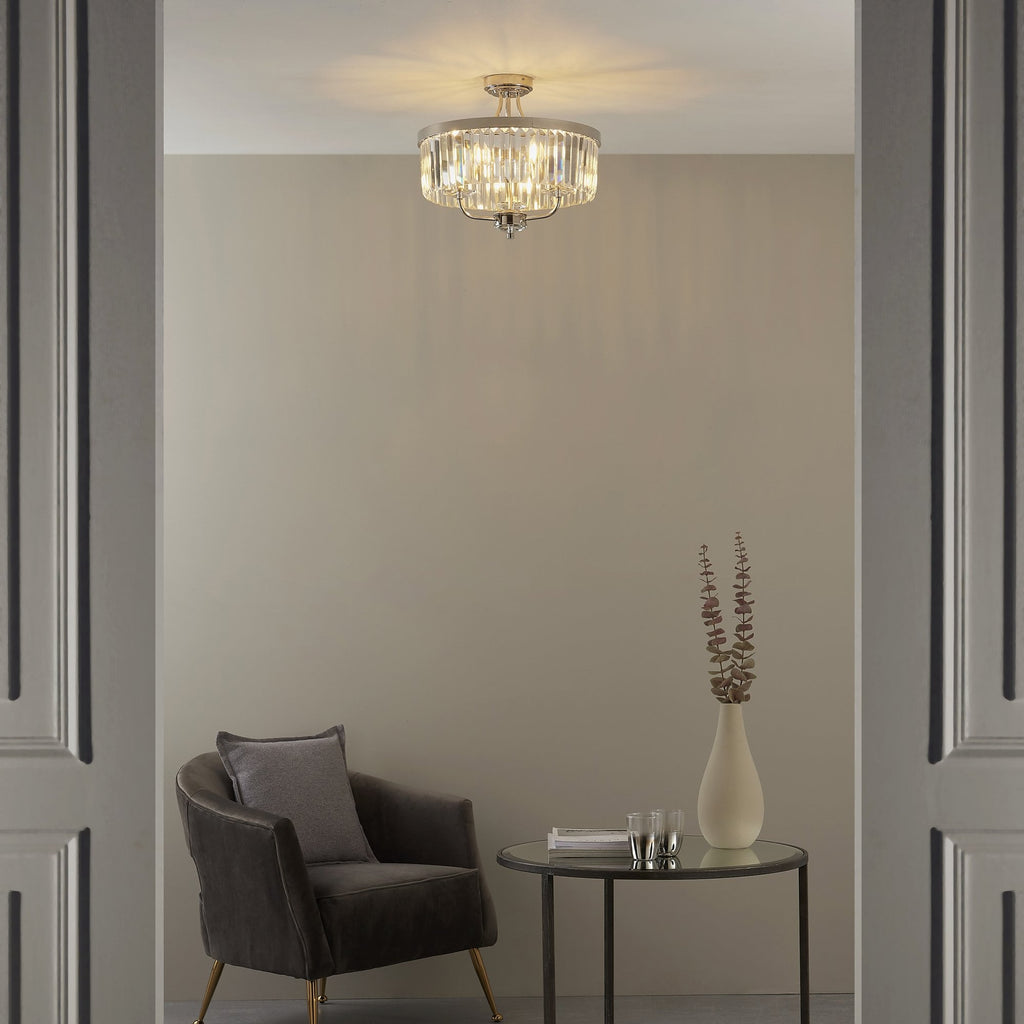 90264 3 Light Semi Flush Ceiling Light Bright Nickel Plate & Clear Cut Glass