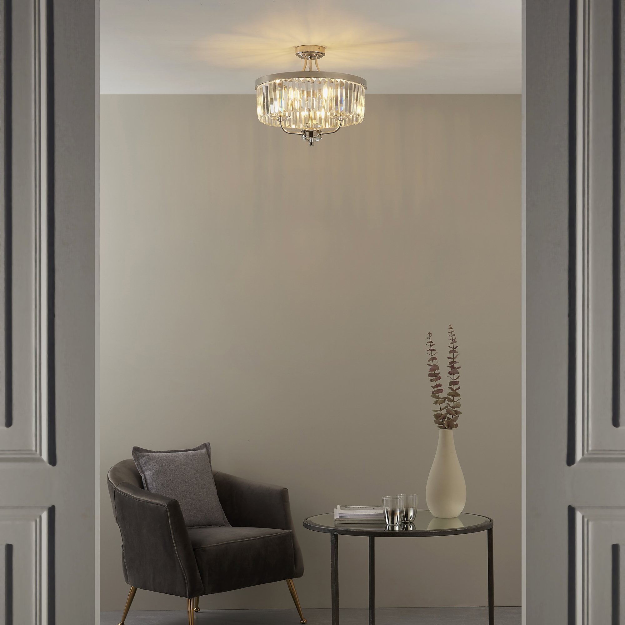 90264 3 Light Semi Flush Ceiling Light Bright Nickel Plate & Clear Cut Glass