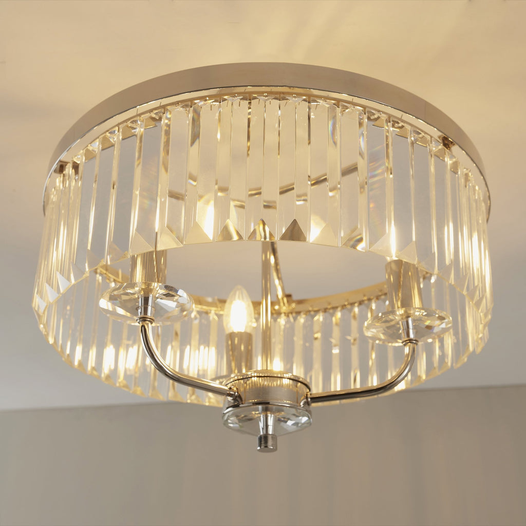 90264 3 Light Semi Flush Ceiling Light Bright Nickel Plate & Clear Cut Glass