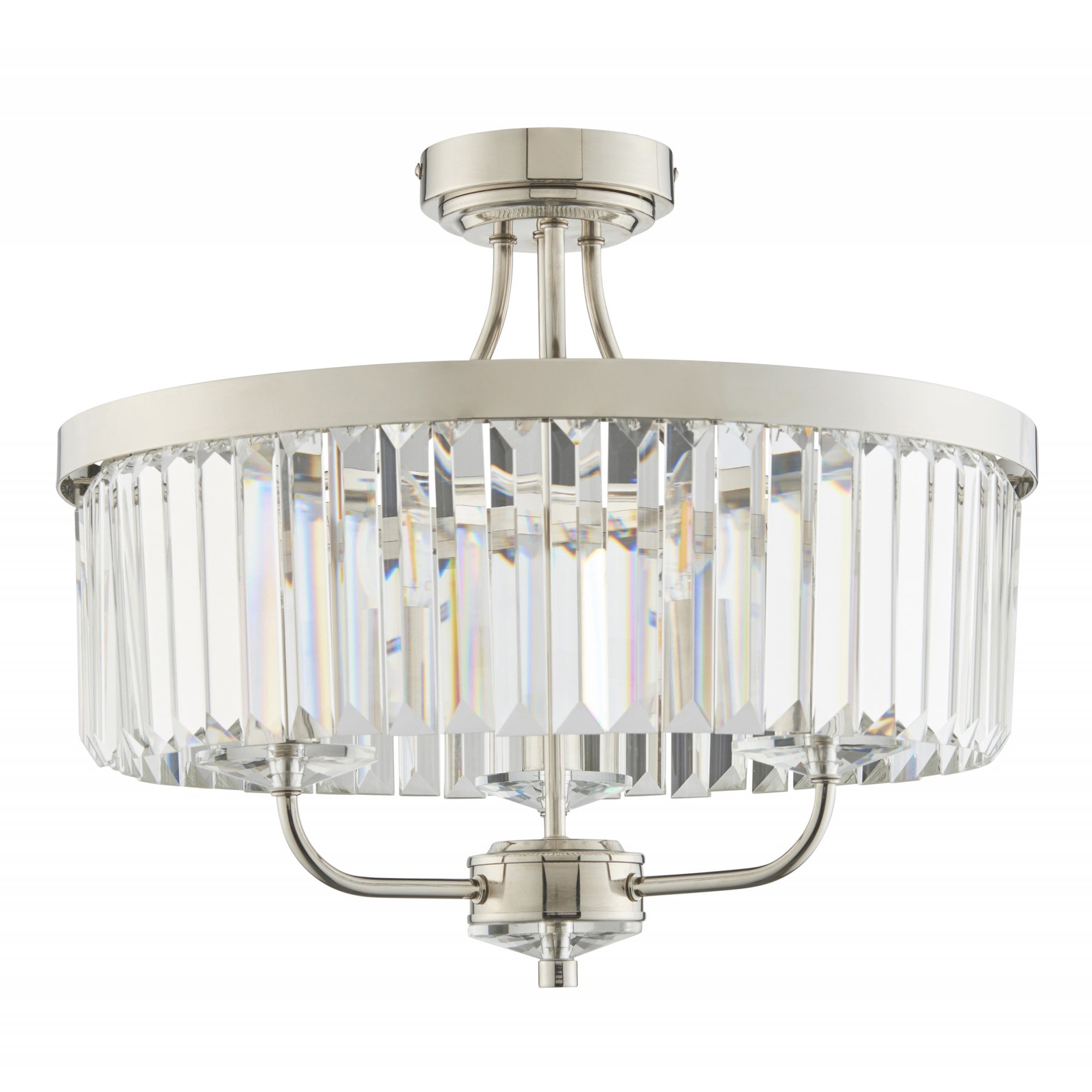 90264 3 Light Semi Flush Ceiling Light Bright Nickel Plate & Clear Cut Glass