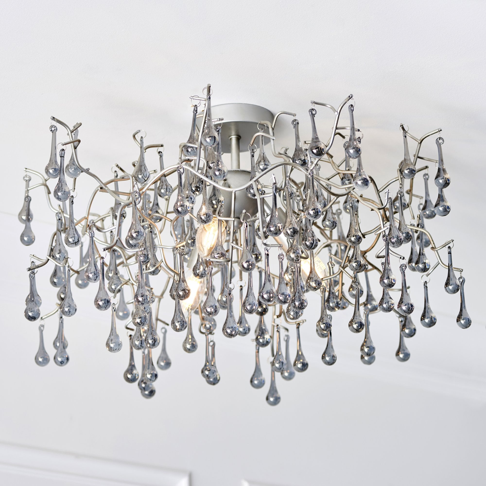 90302 3 Light Semi Flush Ceiling Light Aged Silver Paint & Smokey Grey Tinted Glass (SD)