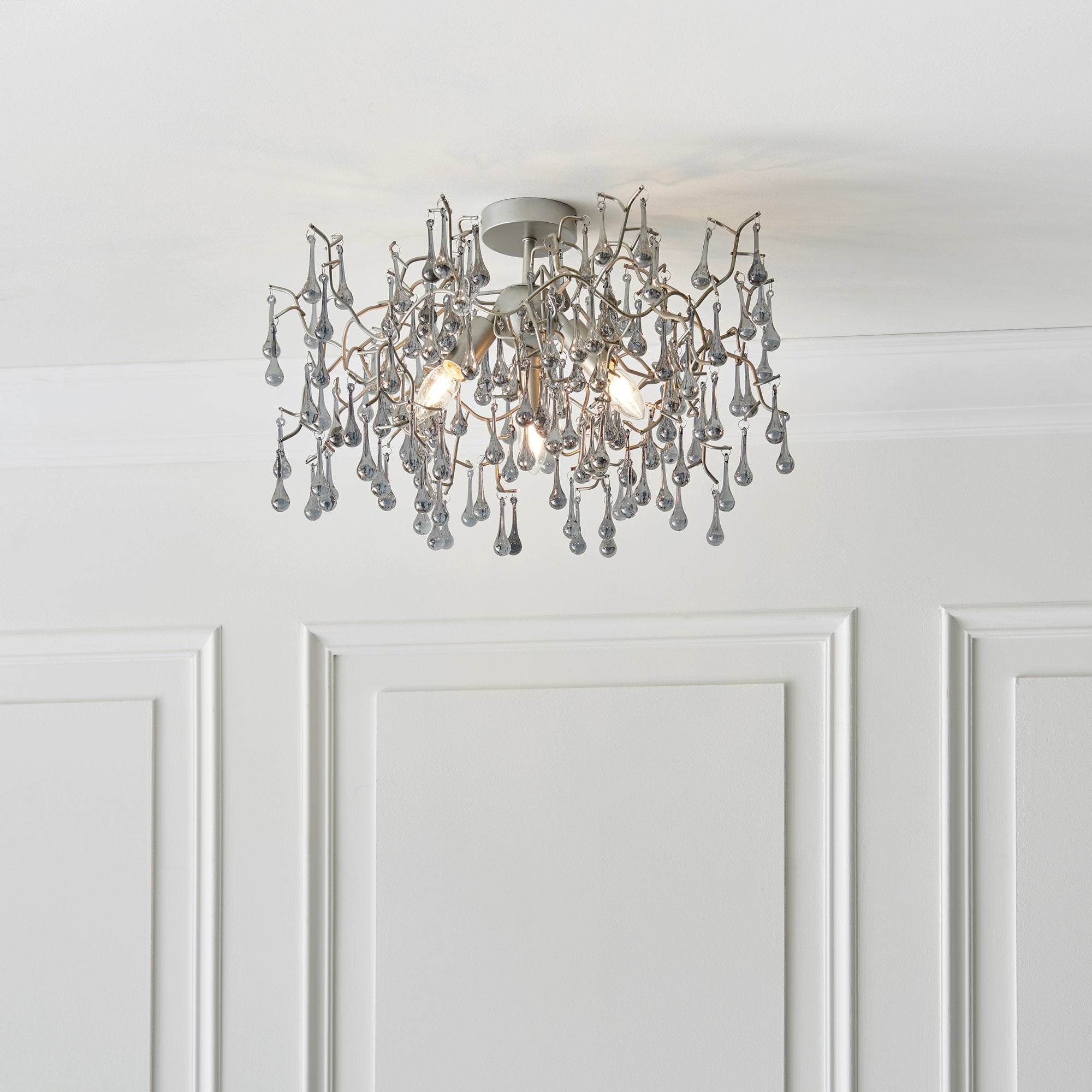 90302 3 Light Semi Flush Ceiling Light Aged Silver Paint & Smokey Grey Tinted Glass