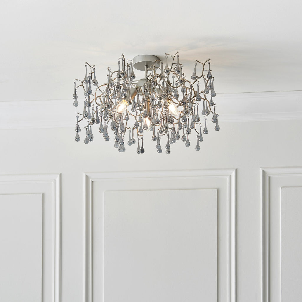 90302 3 Light Semi Flush Ceiling Light Aged Silver Paint & Smokey Grey Tinted Glass (SD)
