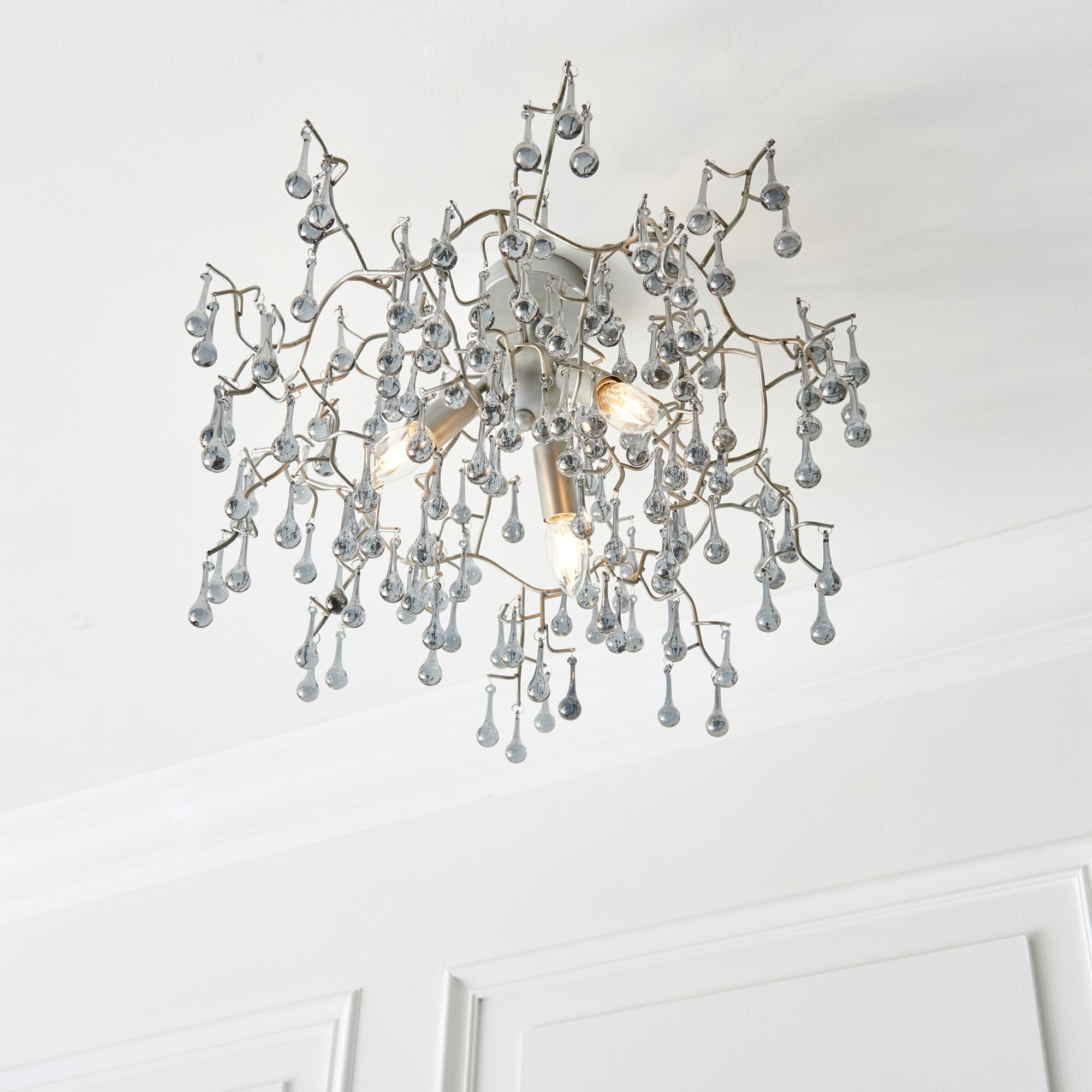 90302 3 Light Semi Flush Ceiling Light Aged Silver Paint & Smokey Grey Tinted Glass